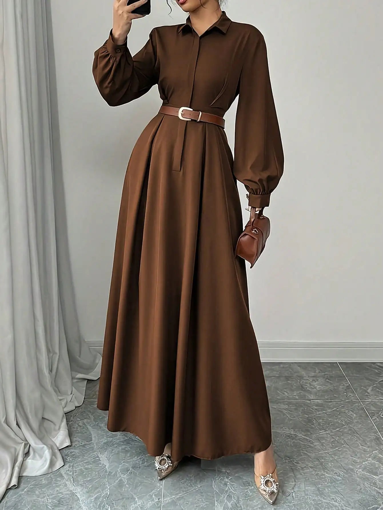 The Xena Collared Side-Slit Maxi Dress in Brown | Lavishly Me