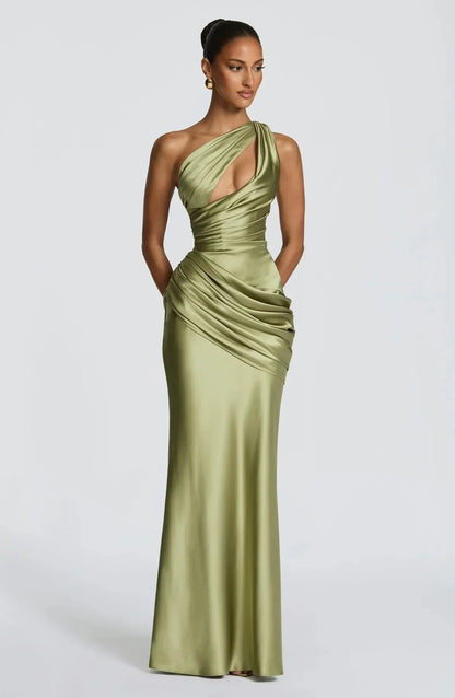 The Seraphine One-Shoulder Satin Maxi Dress from the Celebration Edit at Lavishly Me