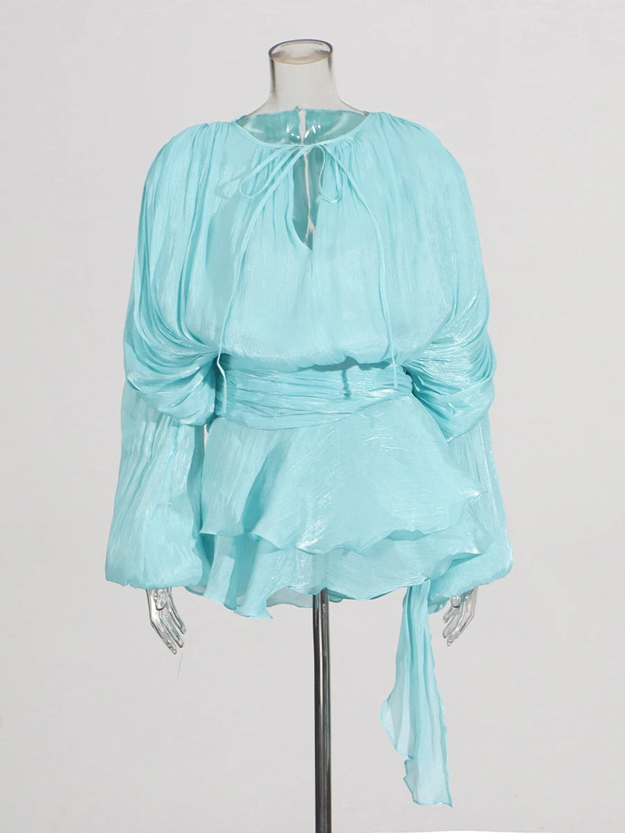The Elodie Ruched Lantern-Sleeve Mini Dress in LIGHTGREEN | Lavishly Me