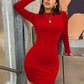 The Monroe Ruched Turtleneck Mini Dress in 1557-Red | Lavishly Me
