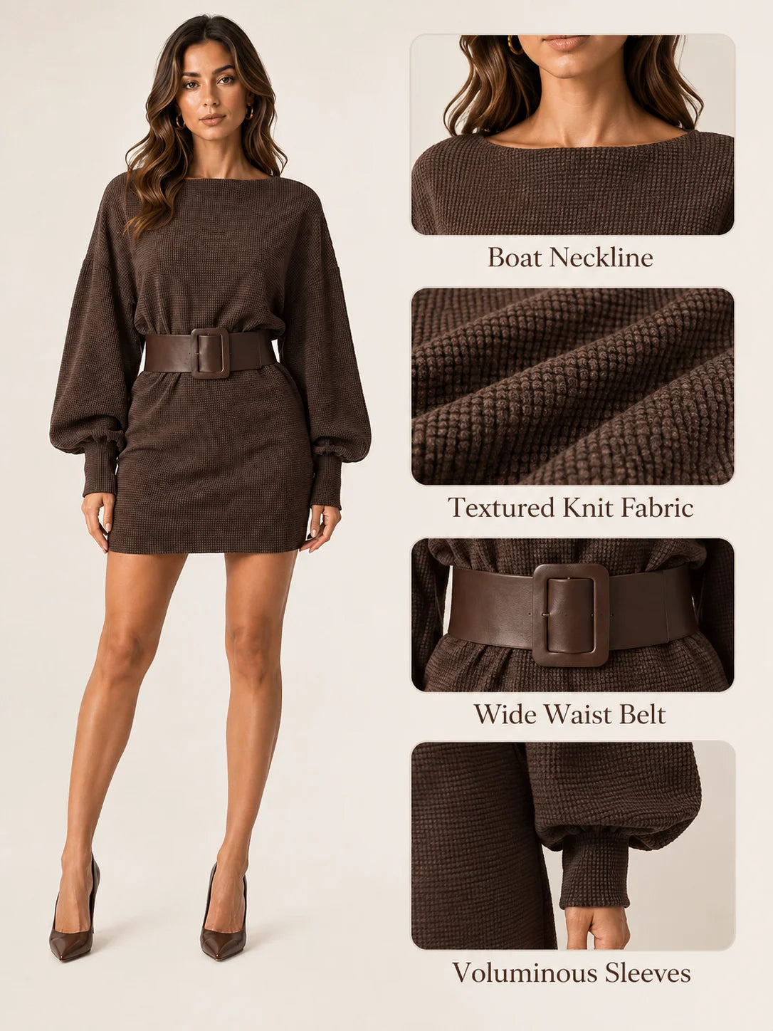 The Marisol Slash Neck Belt Mini Dress
