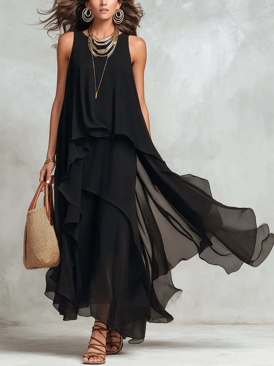 The Uma Asymmetric Chiffon Maxi Dress in black | Lavishly Me