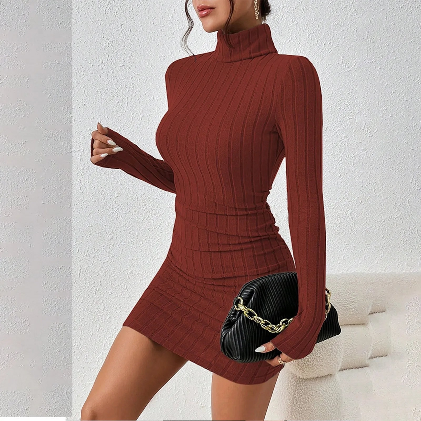 The Sasha Knit Turtleneck Mini Dress in Beige | Lavishly Me