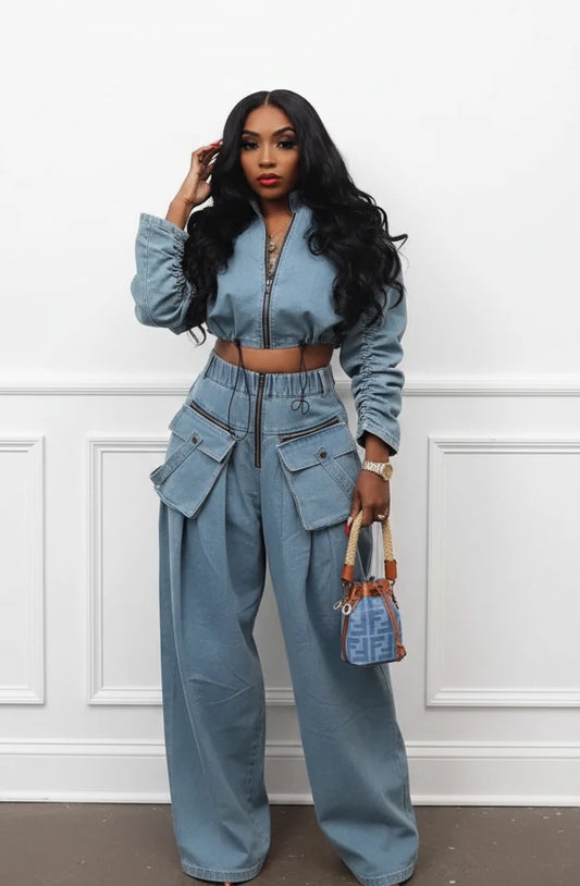 The Samara Denim Two-Piece Set in Blue | Lavishly Me
