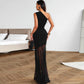 The Evelyn Illusion Off-Shoulder Maxi Dress in Wine Red | Lavishly Me