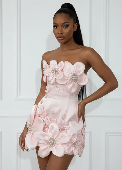 The Maren Strapless 3D Floral Mini Dress in PINK | Lavishly Me