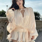 The Elodie Ruched Lantern-Sleeve Mini Dress in LIGHTGREEN | Lavishly Me