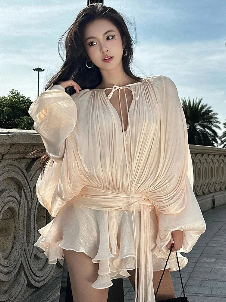 The Elodie Ruched Lantern-Sleeve Mini Dress in LIGHTGREEN | Lavishly Me