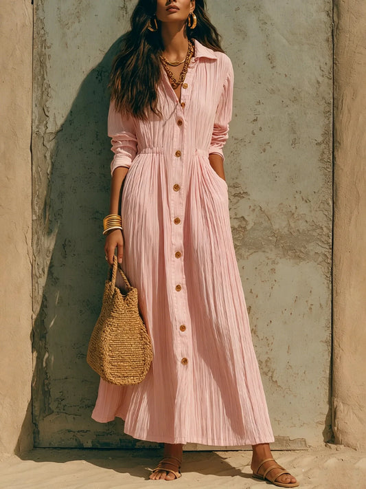 The Marais Pleated Button Maxi Dress from the Soft & Sophisticated at Lavishly Me