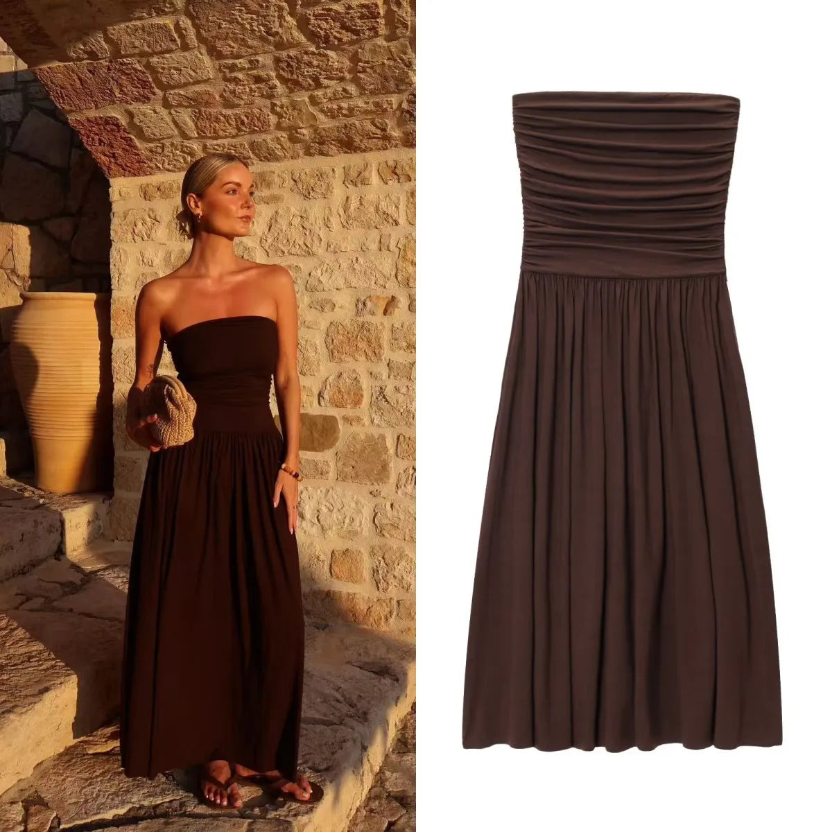 The Aurelia Pleated Off-Shoulder Maxi Dress in Brown | Lavishly Me