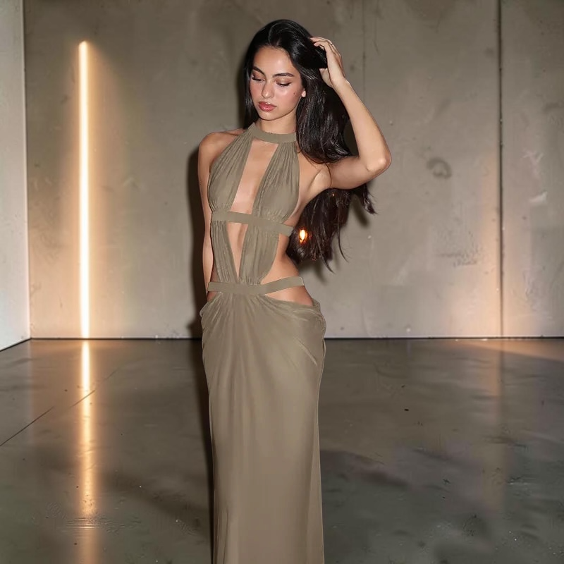 The Solana Cutout Halter Maxi Dress in Yellow | Lavishly Me