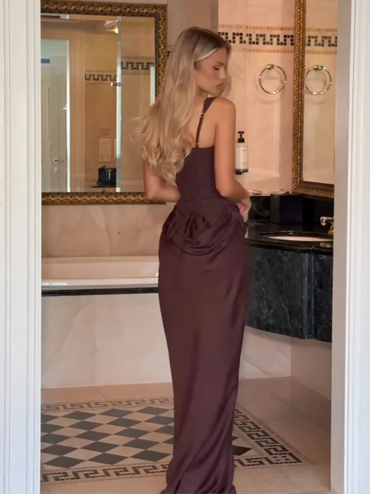 The Sienna Pleated Maxi Dress in short brown | Lavishly Me