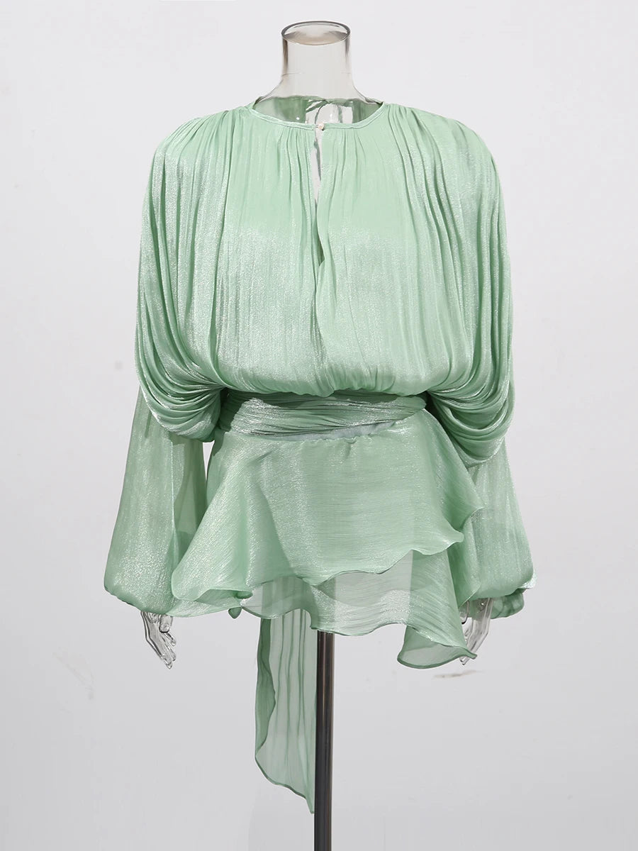 The Elodie Ruched Lantern-Sleeve Mini Dress in LIGHTORANGE | Lavishly Me