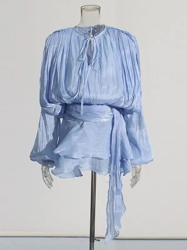 The Elodie Ruched Lantern-Sleeve Mini Dress in LIGHTBLUE | Lavishly Me