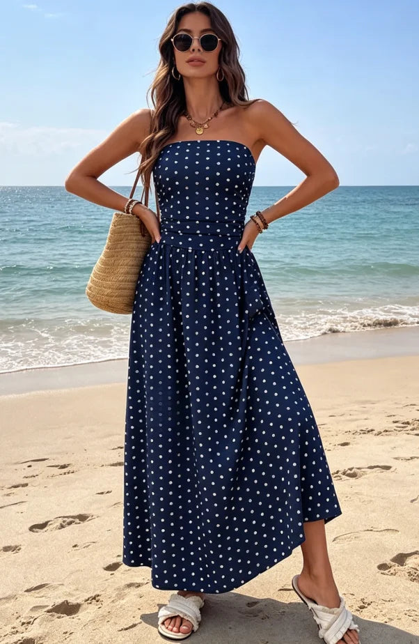 The Nadine Polka-Dot Ruffle Maxi Dress in DEEP BLUE | Lavishly Me