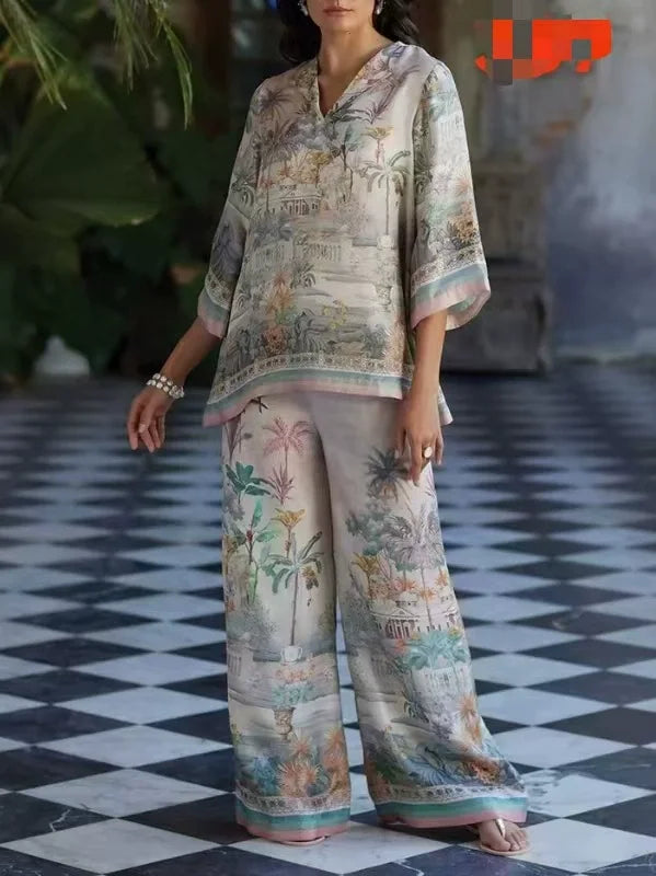 The Portia Printed Pant Lounge Set in blue set | Lavishly Me