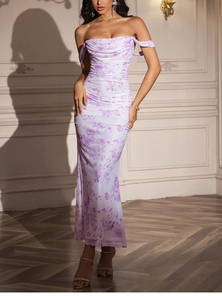 The Amara Ruched Corset Maxi Dress in Lilac | Lavishly Me
