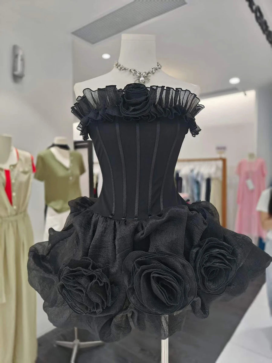 The Flora Appliqué A-Line Mini Dress in BLACK | Lavishly Me