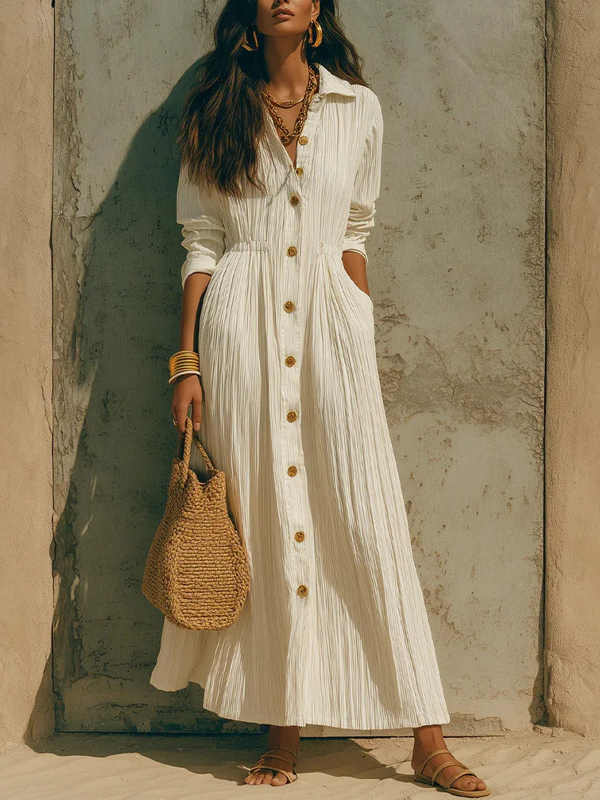 The Marais Pleated Button Maxi Dress from the Soft & Sophisticated at Lavishly Me