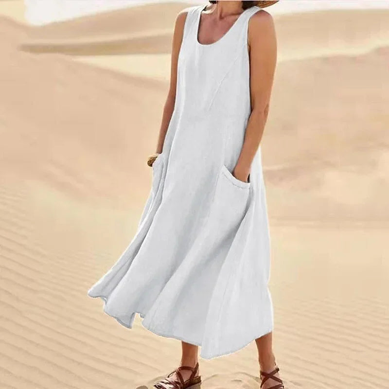 The Quinn Linen-Blend Pocket Dress in Blue | Lavishly Me