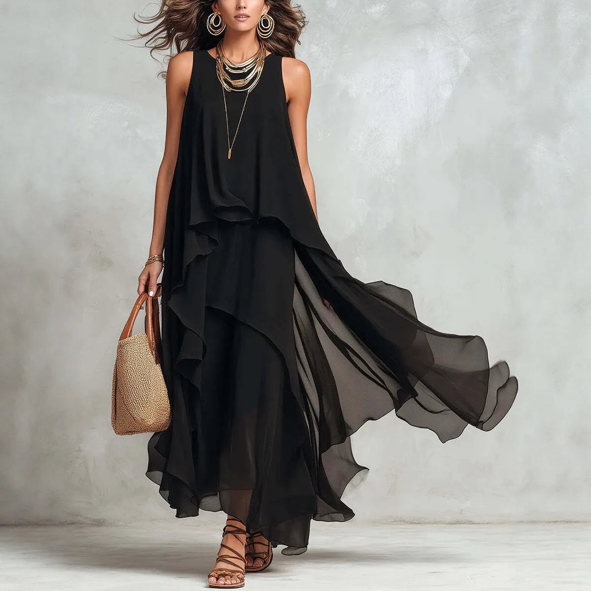 The Uma Asymmetric Chiffon Maxi Dress in black | Lavishly Me