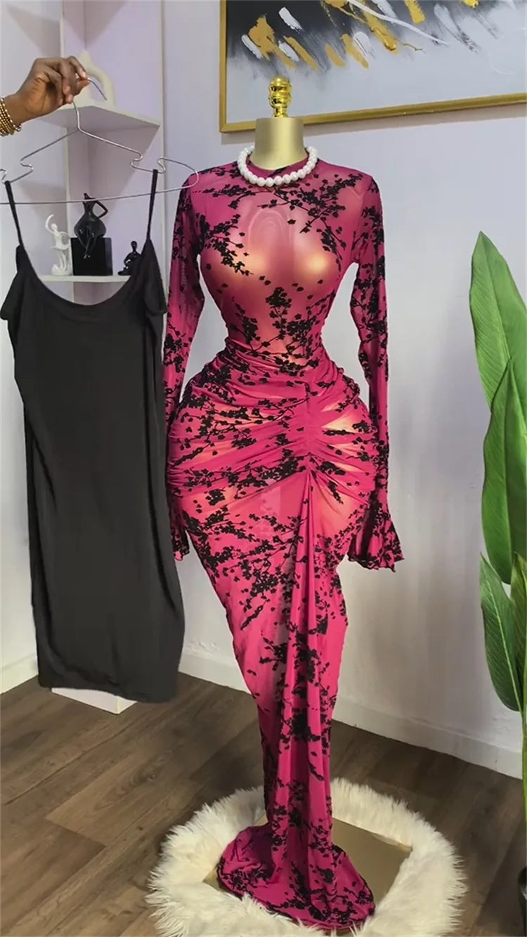 The Nyla Stacked Mesh Maxi Dress in black flower | Lavishly Me