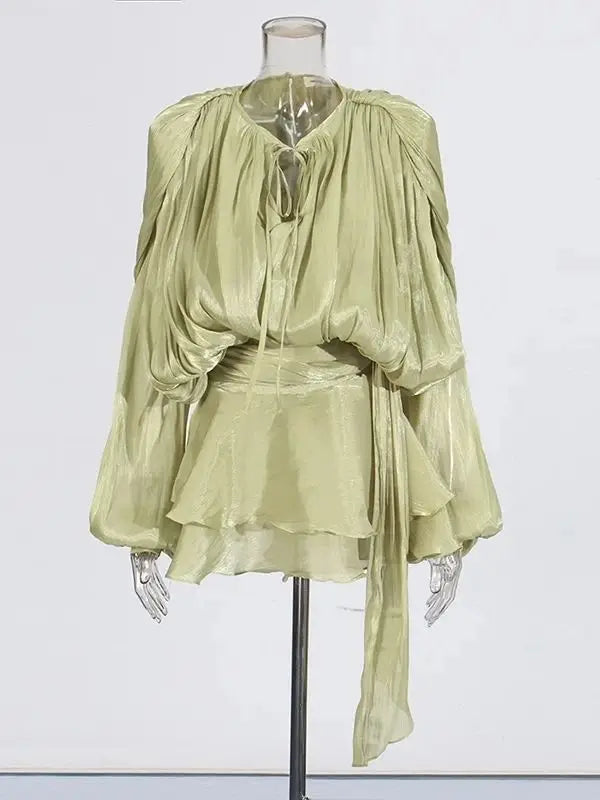 The Elodie Ruched Lantern-Sleeve Mini Dress in LIGHTGREEN | Lavishly Me