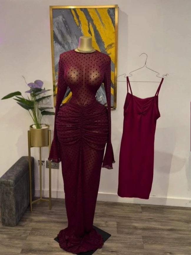 The Nyla Stacked Mesh Maxi Dress in red | Lavishly Me