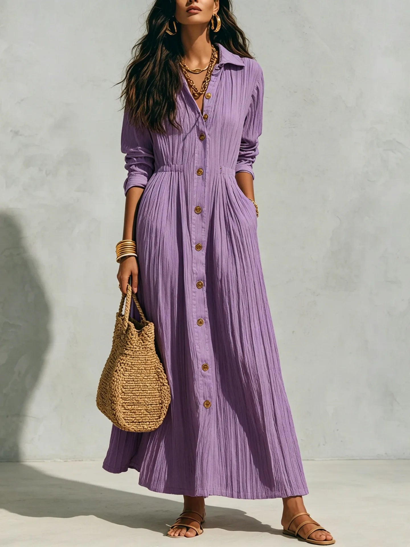 The Marais Pleated Button Maxi Dress from the Soft & Sophisticated at Lavishly Me