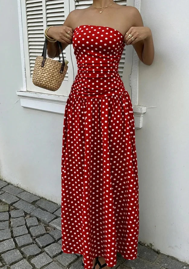 The Nadine Polka-Dot Ruffle Maxi Dress in Beige | Lavishly Me