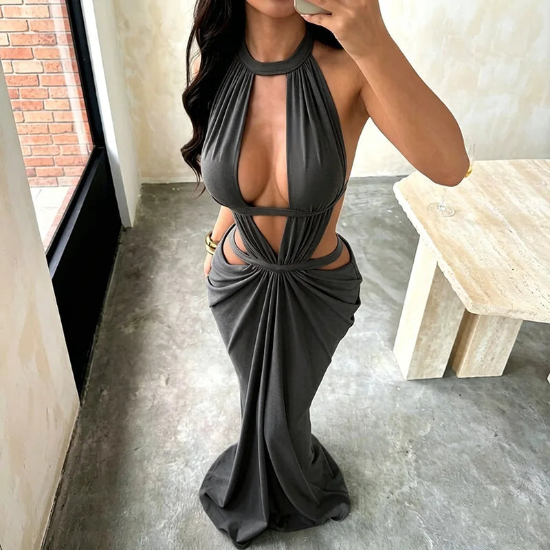 The Solana Cutout Halter Maxi Dress in Black | Lavishly Me