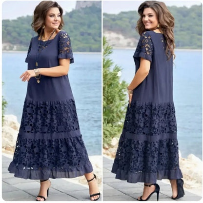 The Talia Lace-Panel Maxi Dress in deep blue | Lavishly Me