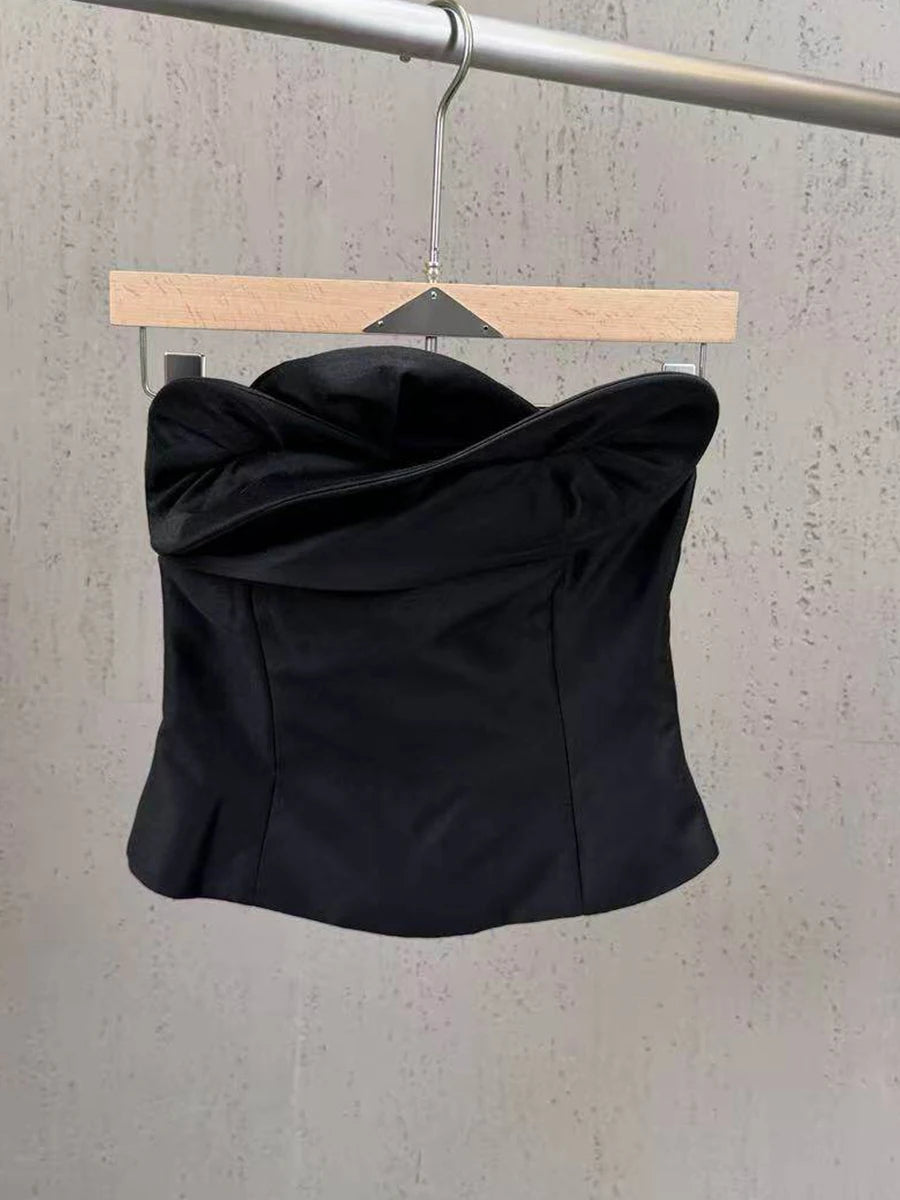 Black Satin Strapless Corset Top with 3D Petal Accent