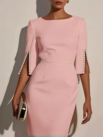 The Lucienne Pearl-Embellished Midi Dress in Pink | Lavishly Me