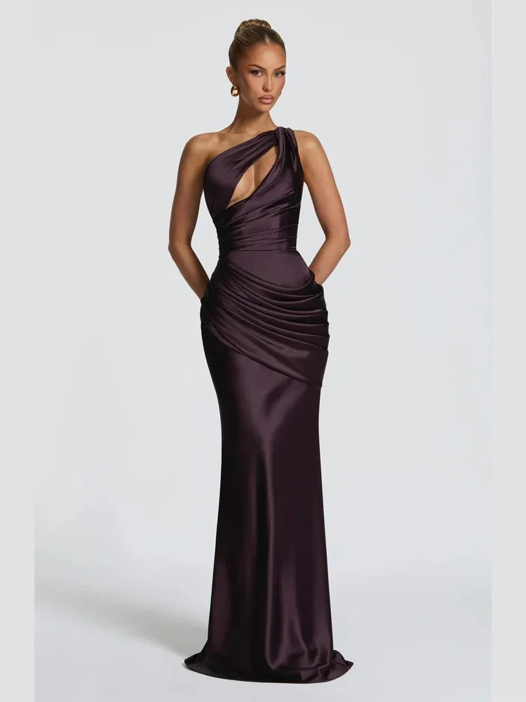 The Seraphine One-Shoulder Satin Maxi Dress from the Celebration Edit at Lavishly Me