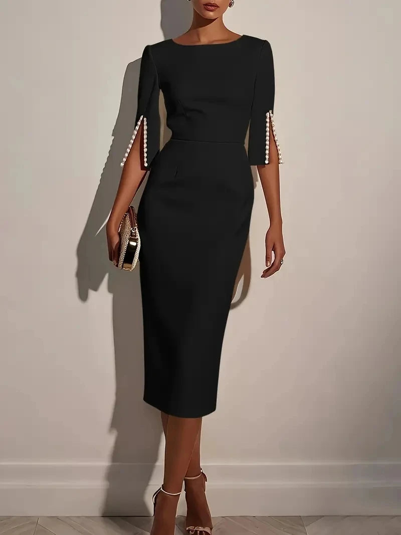 The Lucienne Pearl-Embellished Midi Dress in WHITE | Lavishly Me