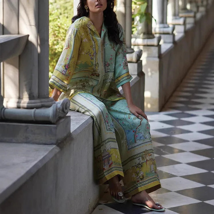 The Portia Printed Pant Lounge Set in green set | Lavishly Me