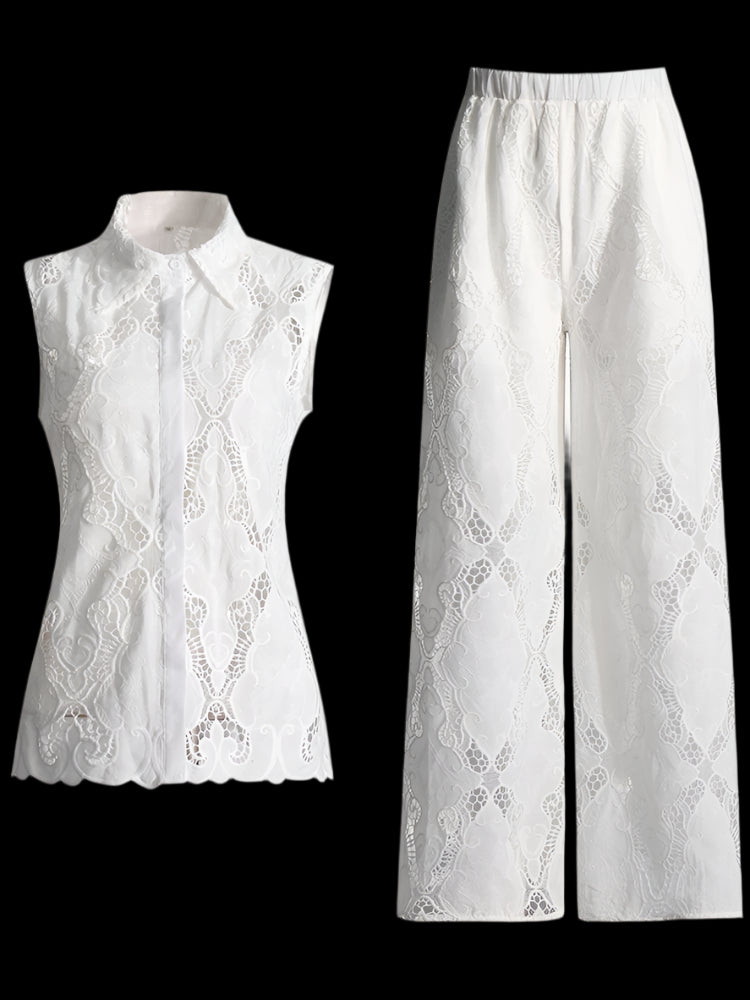 Solid Hollow Out Two Piece Set For Women Stand Collar Sleeveless Tops High Waist Wide Leg Pant Elegant Sets Female