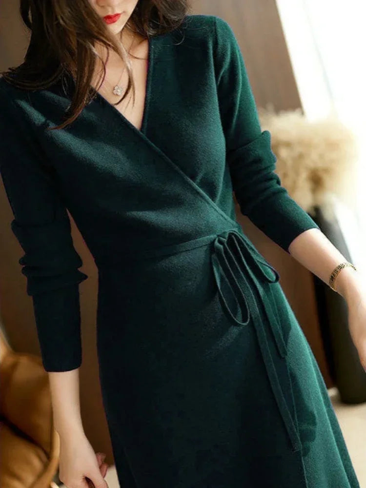 The Celine Wrap Knit Dress in Dark green | Lavishly Me