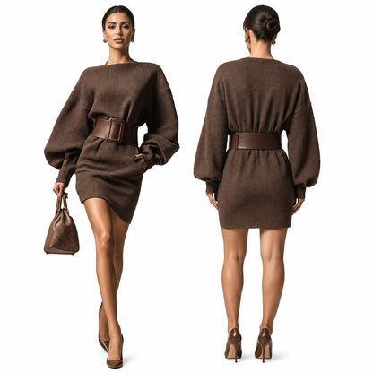 The Marisol Slash Neck Belt Mini Dress