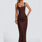 The Sienna Pleated Maxi Dress in long  brown | Lavishly Me