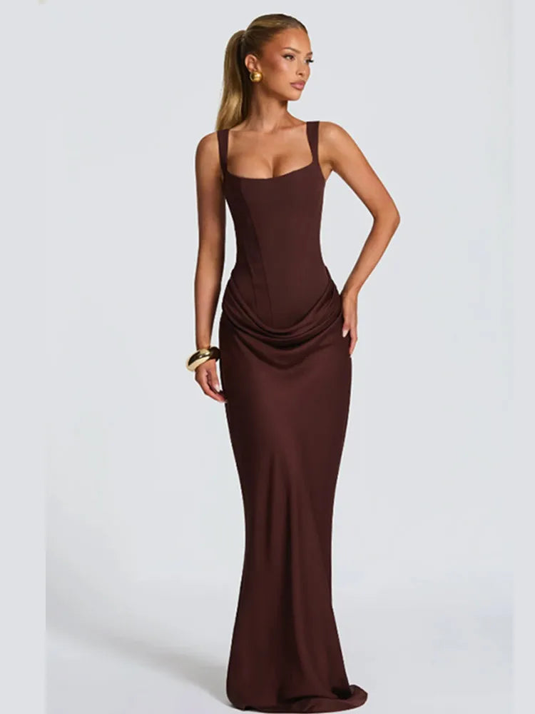 The Sienna Pleated Maxi Dress in long  brown | Lavishly Me