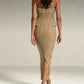 The Maeve Strapless Sequin Midi Dress in GOLD | Lavishly Me