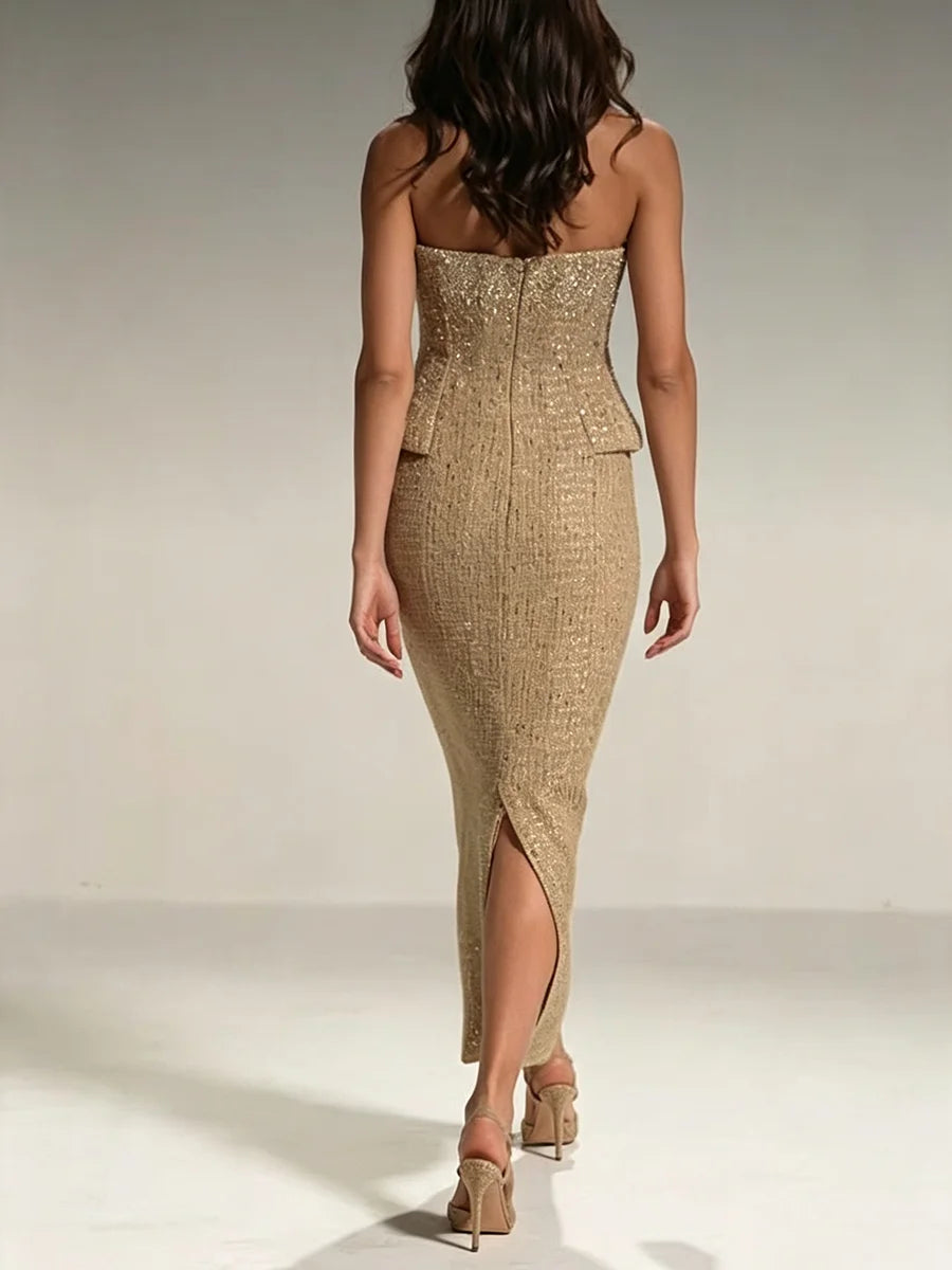 The Maeve Strapless Sequin Midi Dress in GOLD | Lavishly Me