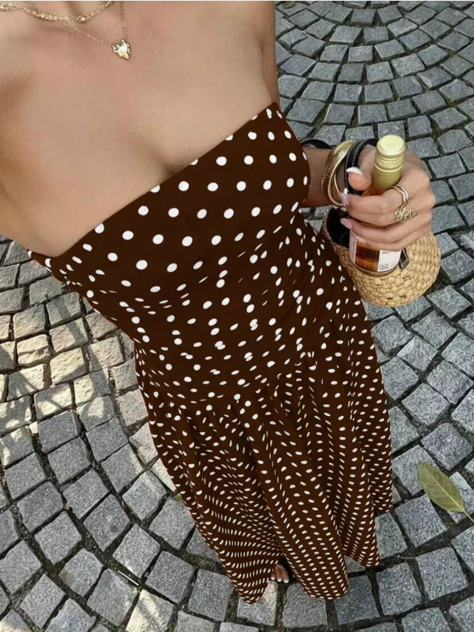 The Nadine Polka-Dot Ruffle Maxi Dress in Beige | Lavishly Me