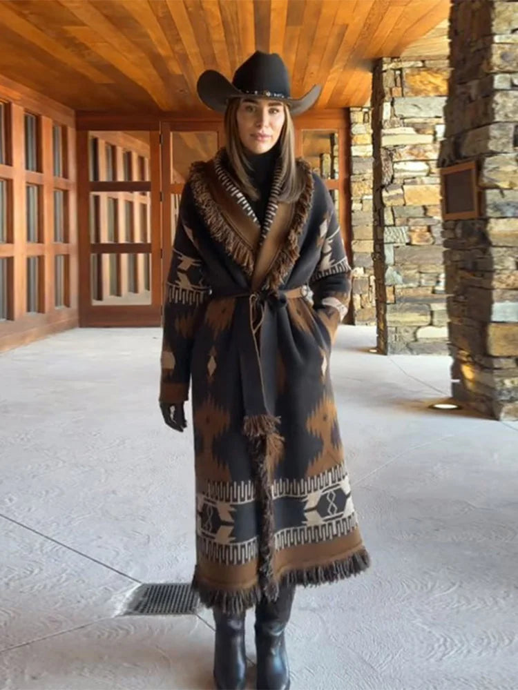 The Aspen Belted Fringe Cardigan in A brown Long | Lavishly Me