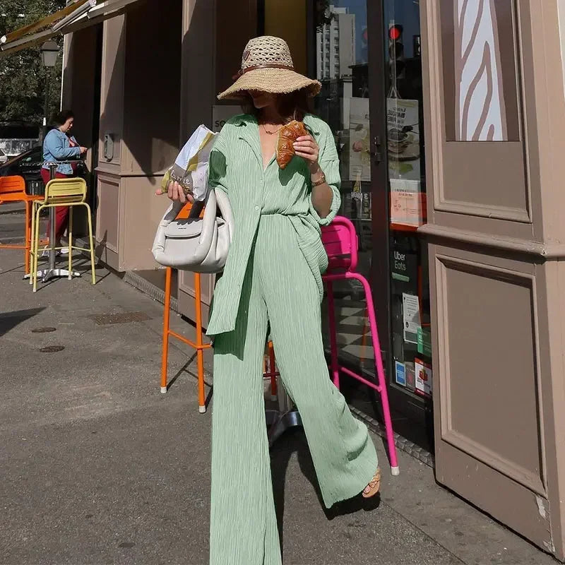 The Serena Wide-Leg Lounge Set in Green-02 | Lavishly Me