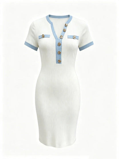 Elegant Contrast Blue Trim Knit Bodycon Midi Dress Women V Neck Metal Button Slim Short Sleeve Office Party Pencil Dress