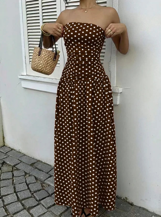 The Nadine Polka-Dot Ruffle Maxi Dress in Beige | Lavishly Me