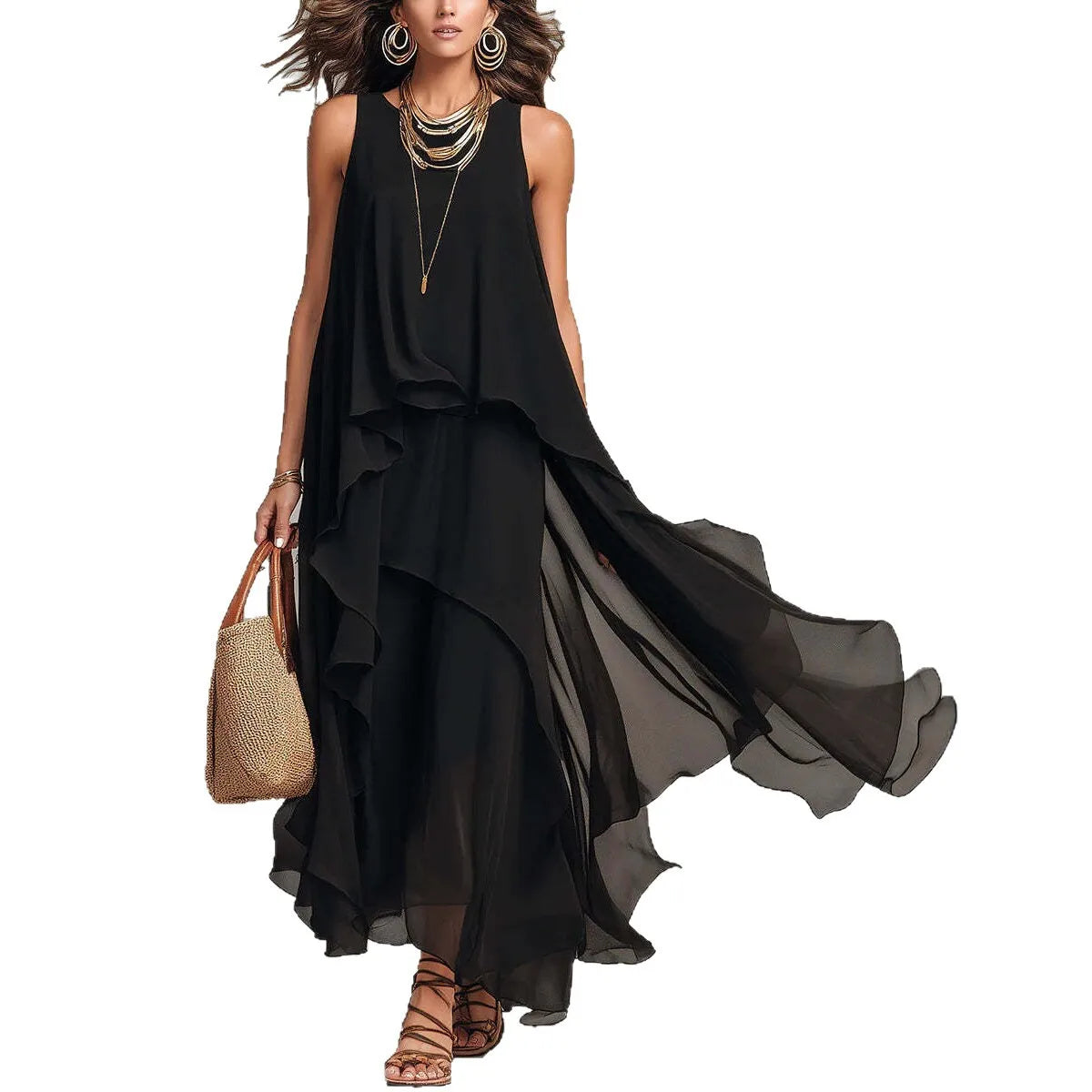 The Uma Asymmetric Chiffon Maxi Dress in black | Lavishly Me